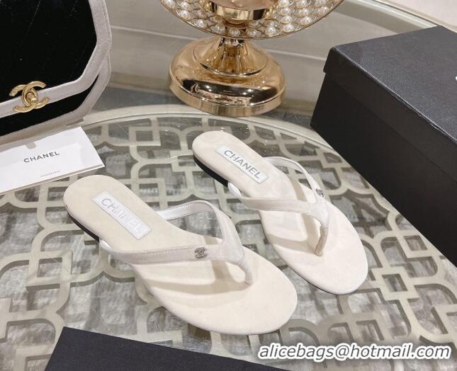 Generous Chanel Velvet Flat Thong Slide Sandals with Crystal CC White 201035