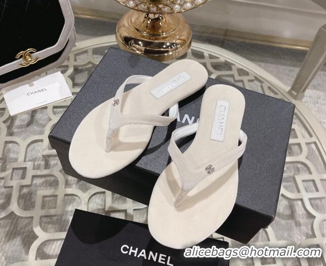 Generous Chanel Velvet Flat Thong Slide Sandals with Crystal CC White 201035