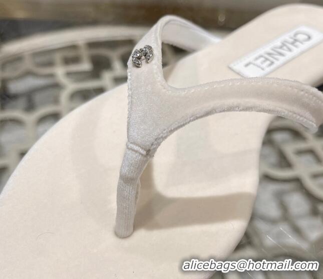 Generous Chanel Velvet Flat Thong Slide Sandals with Crystal CC White 201035