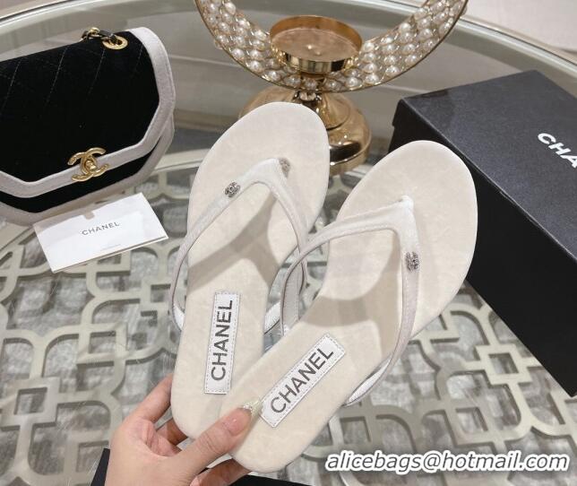 Generous Chanel Velvet Flat Thong Slide Sandals with Crystal CC White 201035