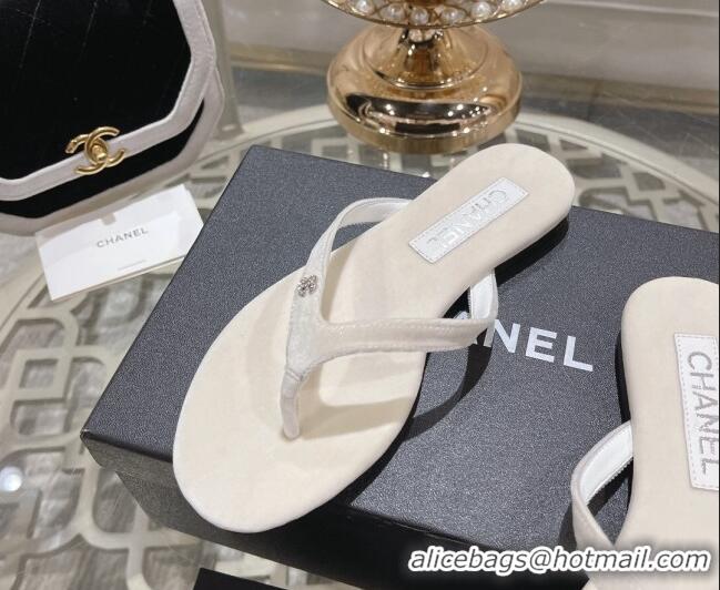 Generous Chanel Velvet Flat Thong Slide Sandals with Crystal CC White 201035