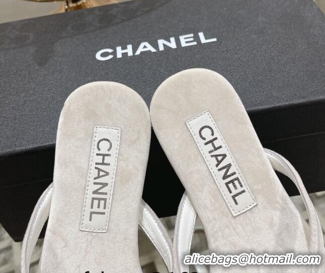 Generous Chanel Velvet Flat Thong Slide Sandals with Crystal CC White 201035