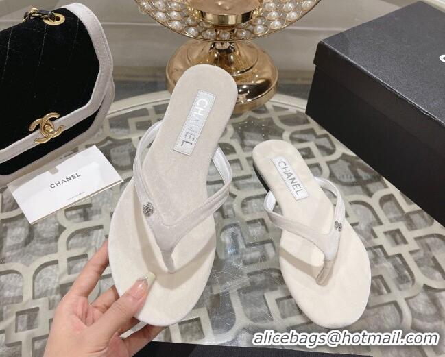 Generous Chanel Velvet Flat Thong Slide Sandals with Crystal CC White 201035