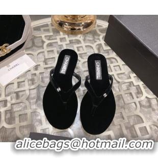 Luxury Discount Chanel Velvet Flat Thong Slide Sandals with Crystal CC Black 201036