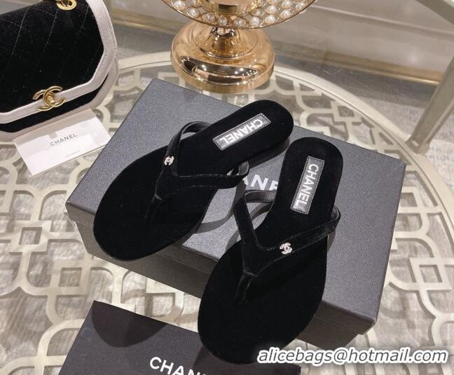 Luxury Discount Chanel Velvet Flat Thong Slide Sandals with Crystal CC Black 201036