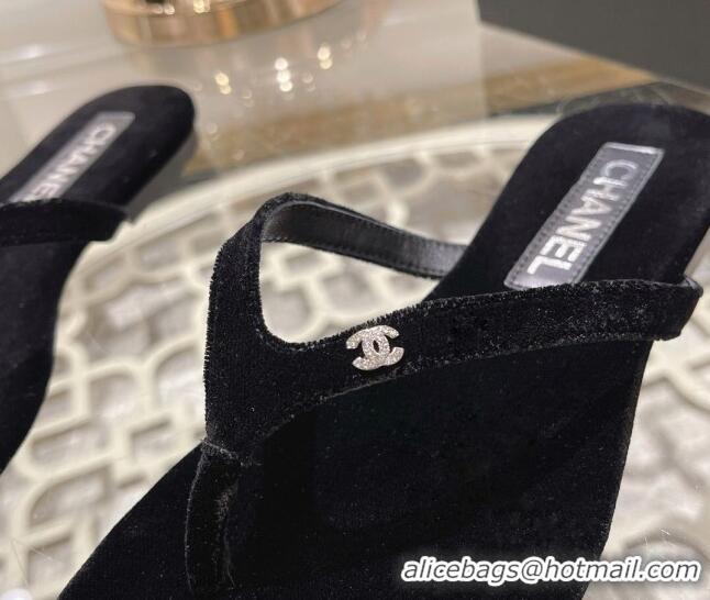 Luxury Discount Chanel Velvet Flat Thong Slide Sandals with Crystal CC Black 201036