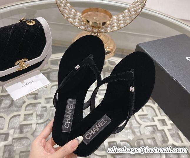 Luxury Discount Chanel Velvet Flat Thong Slide Sandals with Crystal CC Black 201036