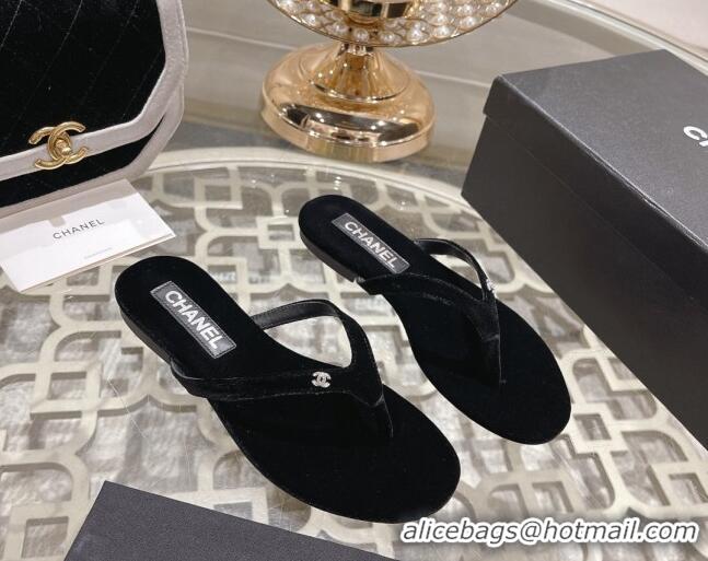 Luxury Discount Chanel Velvet Flat Thong Slide Sandals with Crystal CC Black 201036