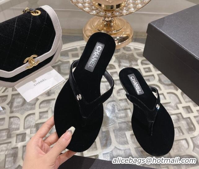 Luxury Discount Chanel Velvet Flat Thong Slide Sandals with Crystal CC Black 201036