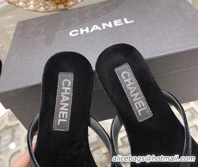 Luxury Discount Chanel Velvet Flat Thong Slide Sandals with Crystal CC Black 201036