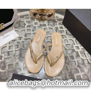 Luxury Chanel Leather Flat Thong Slide Sandals with Crystal CC Beige 201037