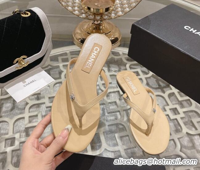 Luxury Chanel Leather Flat Thong Slide Sandals with Crystal CC Beige 201037