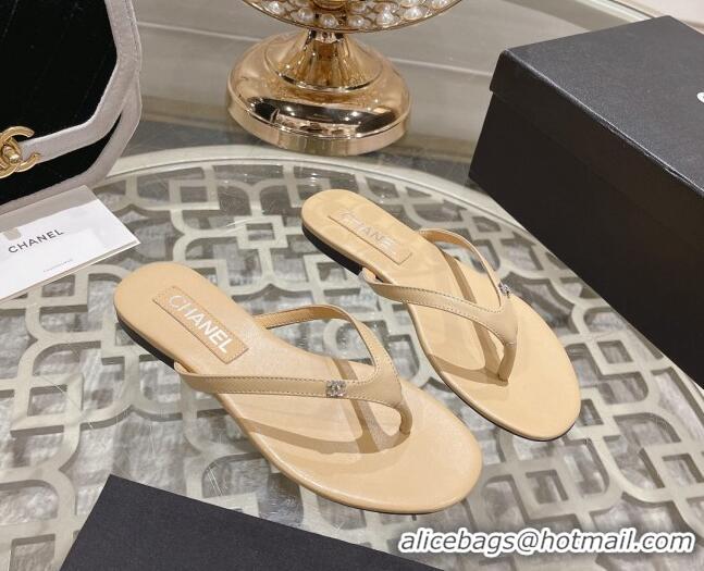 Luxury Chanel Leather Flat Thong Slide Sandals with Crystal CC Beige 201037