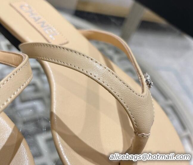 Luxury Chanel Leather Flat Thong Slide Sandals with Crystal CC Beige 201037