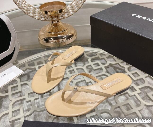 Luxury Chanel Leather Flat Thong Slide Sandals with Crystal CC Beige 201037