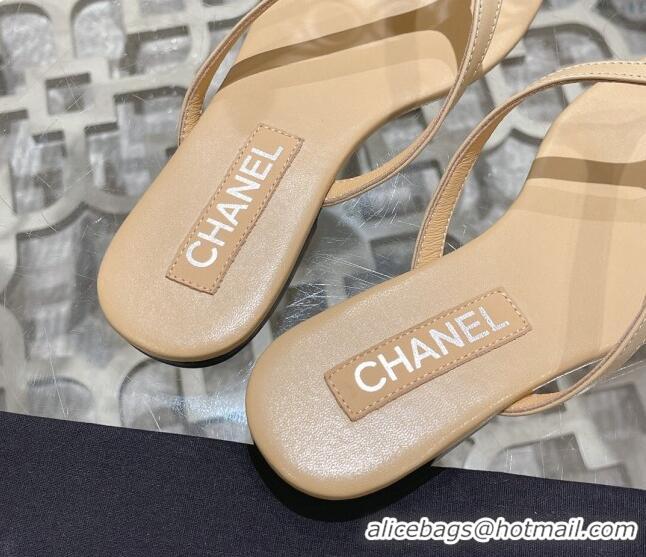 Luxury Chanel Leather Flat Thong Slide Sandals with Crystal CC Beige 201037