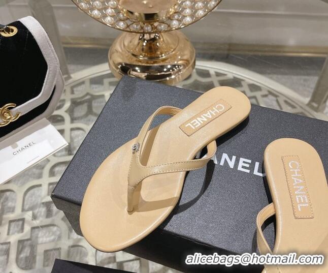 Luxury Chanel Leather Flat Thong Slide Sandals with Crystal CC Beige 201037