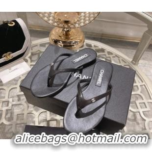 Best Price Chanel Leather Flat Thong Slide Sandals with Crystal CC Black 201038