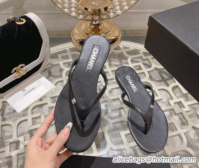 Best Price Chanel Leather Flat Thong Slide Sandals with Crystal CC Black 201038