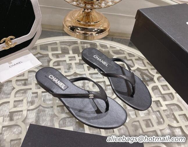 Best Price Chanel Leather Flat Thong Slide Sandals with Crystal CC Black 201038