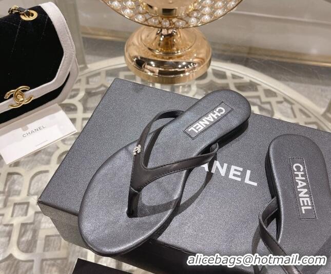 Best Price Chanel Leather Flat Thong Slide Sandals with Crystal CC Black 201038