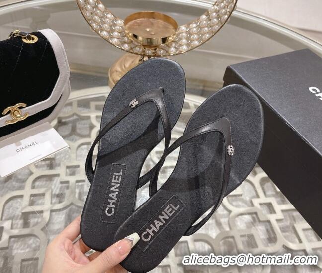 Best Price Chanel Leather Flat Thong Slide Sandals with Crystal CC Black 201038