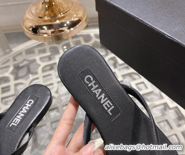 Best Price Chanel Leather Flat Thong Slide Sandals with Crystal CC Black 201038