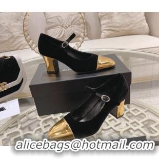 Good Quality Chanel Velvet Mary Janes Pumps 6.5cm Black/Gold 201039