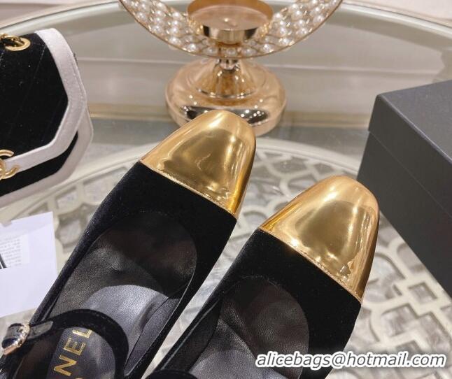 Good Quality Chanel Velvet Mary Janes Pumps 6.5cm Black/Gold 201039