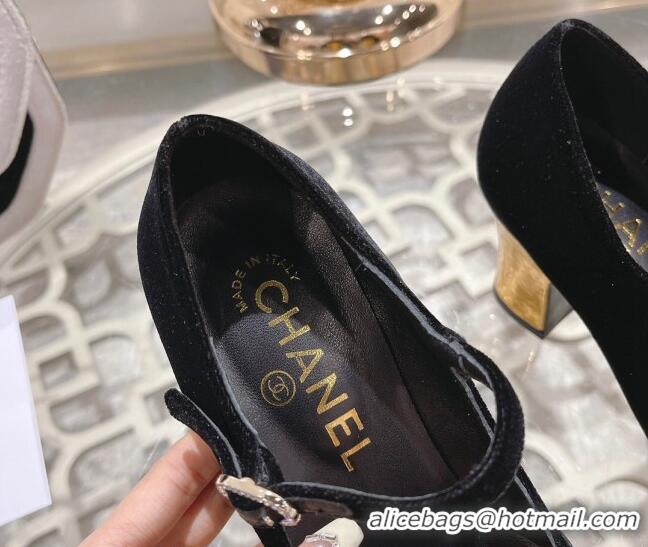 Good Quality Chanel Velvet Mary Janes Pumps 6.5cm Black/Gold 201039