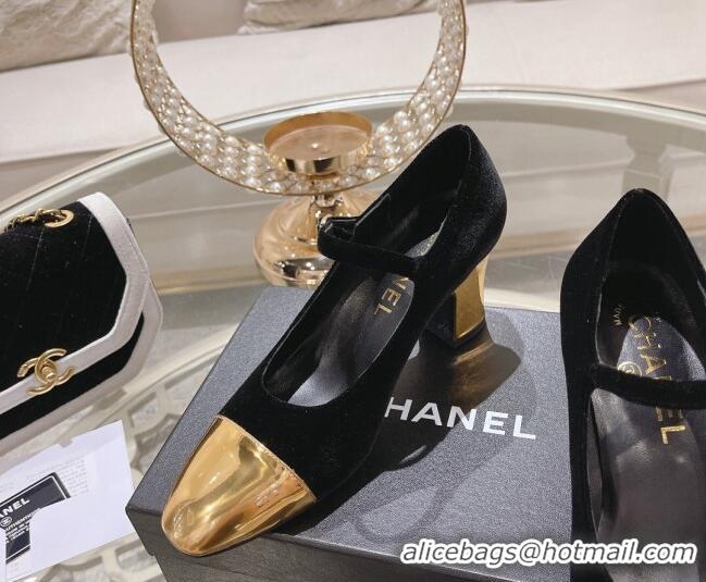 Good Quality Chanel Velvet Mary Janes Pumps 6.5cm Black/Gold 201039