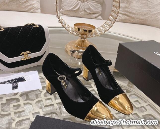 Good Quality Chanel Velvet Mary Janes Pumps 6.5cm Black/Gold 201039