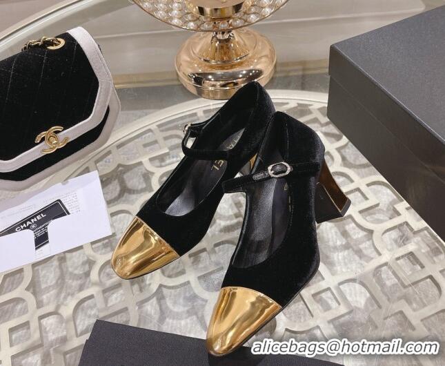 Good Quality Chanel Velvet Mary Janes Pumps 6.5cm Black/Gold 201039