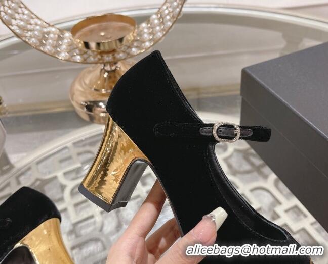 Good Quality Chanel Velvet Mary Janes Pumps 6.5cm Black/Gold 201039