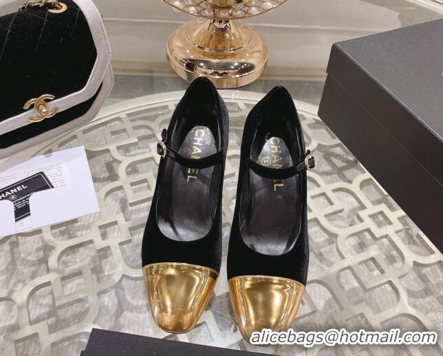 Good Quality Chanel Velvet Mary Janes Pumps 6.5cm Black/Gold 201039