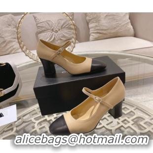 Grade Quality Chanel Lambskin and Calfskin Mary Janes Pumps 6.5cm Beige/Black 201040