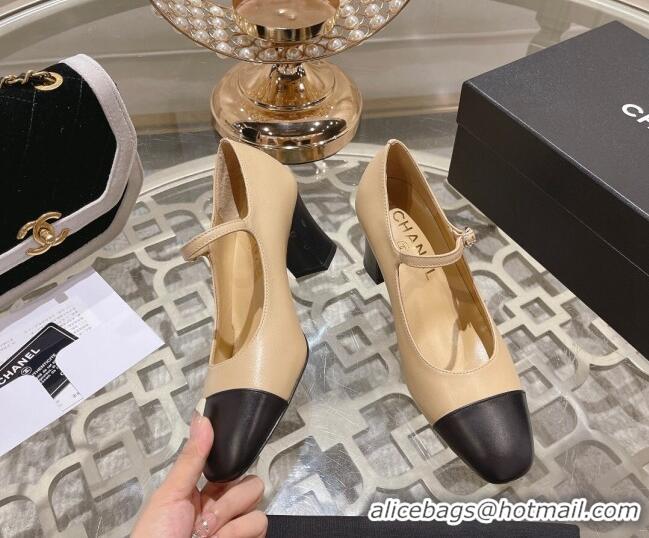 Grade Quality Chanel Lambskin and Calfskin Mary Janes Pumps 6.5cm Beige/Black 201040