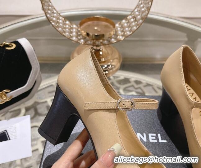 Grade Quality Chanel Lambskin and Calfskin Mary Janes Pumps 6.5cm Beige/Black 201040