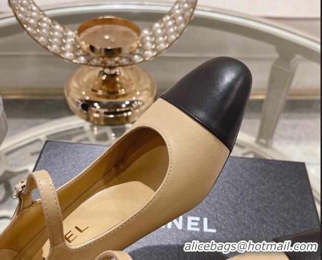 Grade Quality Chanel Lambskin and Calfskin Mary Janes Pumps 6.5cm Beige/Black 201040