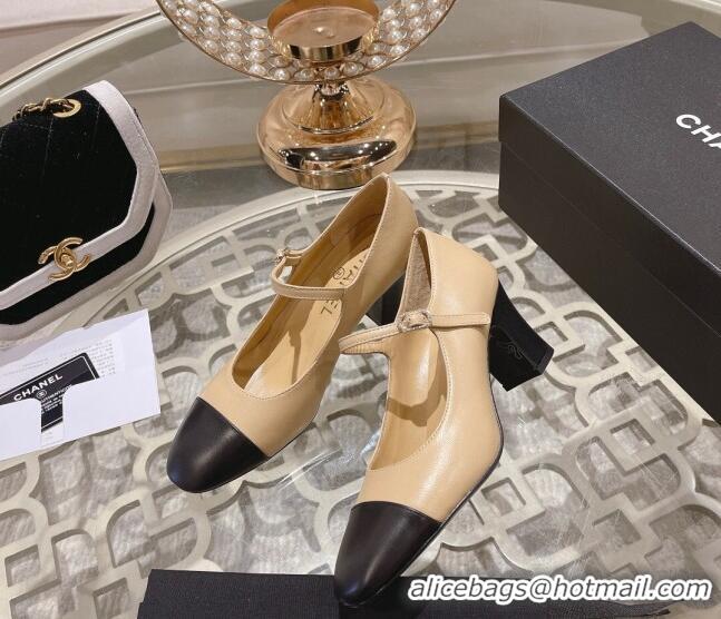 Grade Quality Chanel Lambskin and Calfskin Mary Janes Pumps 6.5cm Beige/Black 201040