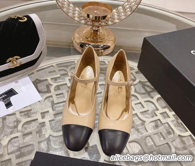 Grade Quality Chanel Lambskin and Calfskin Mary Janes Pumps 6.5cm Beige/Black 201040