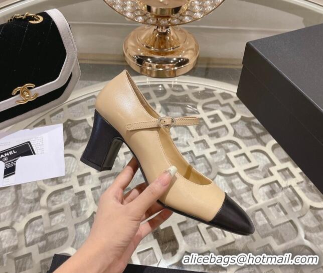 Grade Quality Chanel Lambskin and Calfskin Mary Janes Pumps 6.5cm Beige/Black 201040