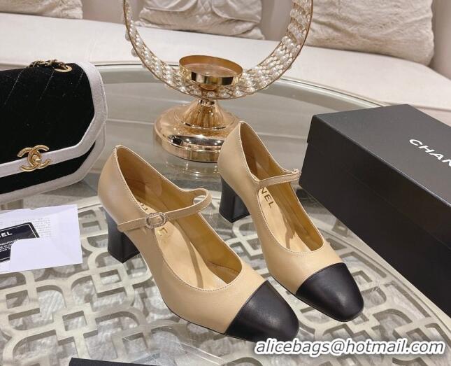 Grade Quality Chanel Lambskin and Calfskin Mary Janes Pumps 6.5cm Beige/Black 201040