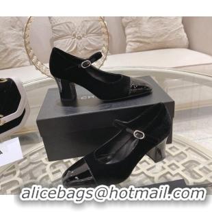 Pretty Style Chanel Velvet Mary Janes Pumps 6.5cm All Black 201041