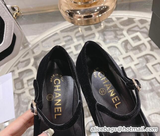 Pretty Style Chanel Velvet Mary Janes Pumps 6.5cm All Black 201041