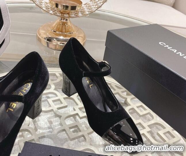 Pretty Style Chanel Velvet Mary Janes Pumps 6.5cm All Black 201041