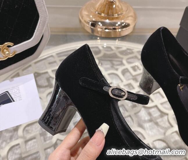 Pretty Style Chanel Velvet Mary Janes Pumps 6.5cm All Black 201041