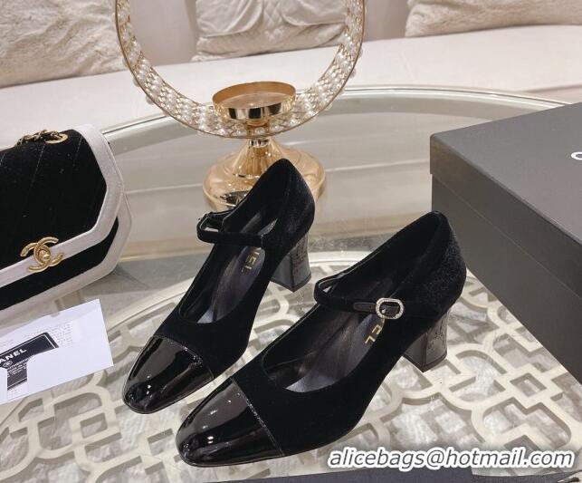 Pretty Style Chanel Velvet Mary Janes Pumps 6.5cm All Black 201041