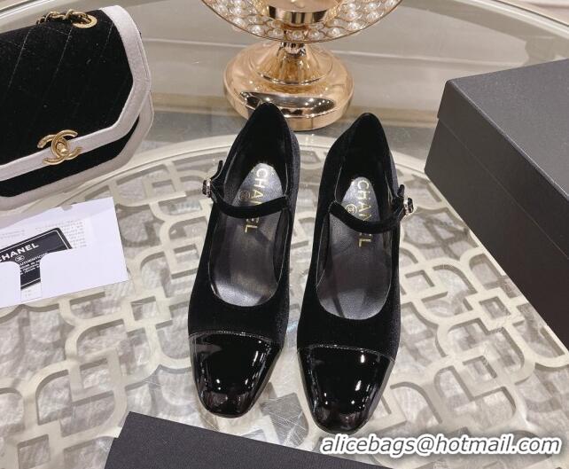 Pretty Style Chanel Velvet Mary Janes Pumps 6.5cm All Black 201041