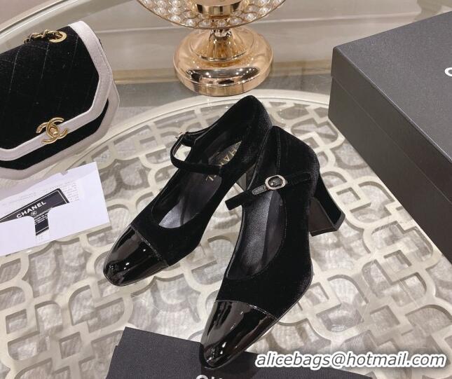 Pretty Style Chanel Velvet Mary Janes Pumps 6.5cm All Black 201041